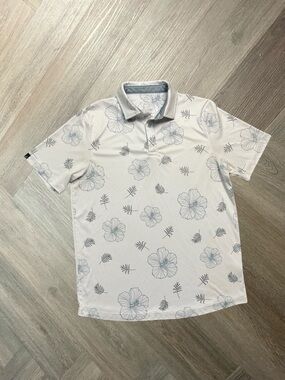 Swannies Heit Hibiscus Leaf Print Tennis Golf Polo Shirt Mens Large White Gray